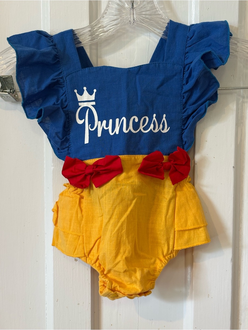 Blue 'Princess' Ruffle One-Piece Snow White with Yellow Bottom & Red Bows